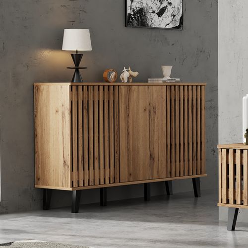 Buffet Large 150 Cm Bois Naturel Avec 3 Portes Et 6 Compartiments, Pieds Noirs