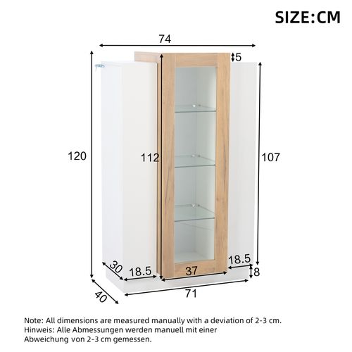 Vitrine LED 3 Portes Blanche Et Bois 74x40x120 Cm Avec Étagères En Verre
