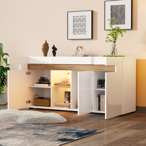 Buffet Moderne 3 Portes Blanc Brillant Avec LED Et Contrôle Par Application, 140x40x70 Cm