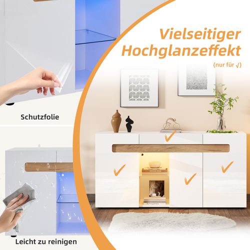 Buffet Moderne 3 Portes Blanc Brillant Avec LED Et Contrôle Par Application, 140x40x70 Cm