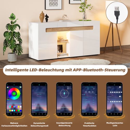 Buffet Moderne 3 Portes Blanc Brillant Avec LED Et Contrôle Par Application, 140x40x70 Cm