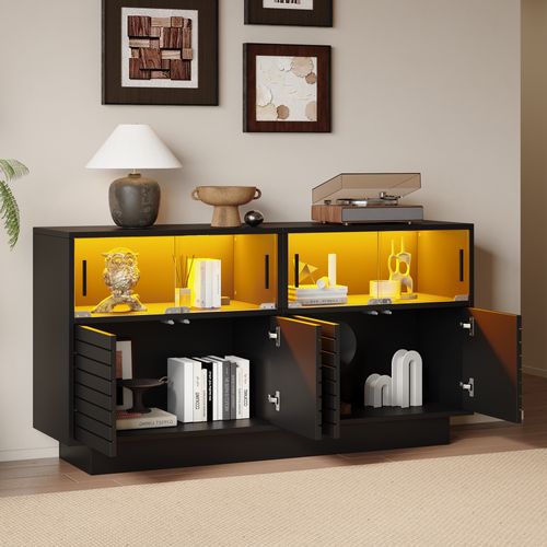 Buffet Noir 130x35x68 Cm Avec Portes Vitrées Coulissantes, LED Et Grand Rangement