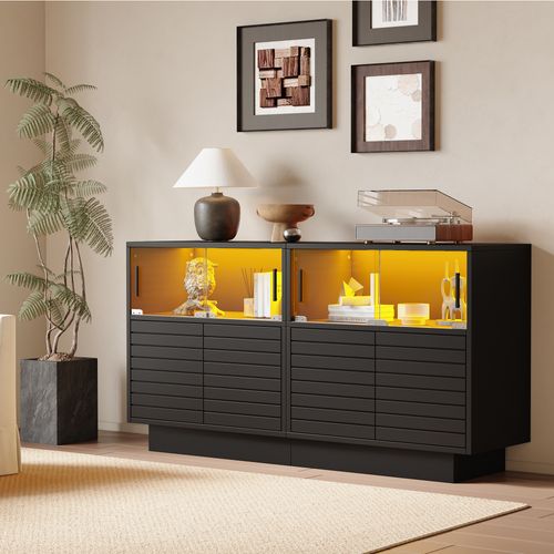 Buffet Noir 130x35x68 Cm Avec Portes Vitrées Coulissantes, LED Et Grand Rangement