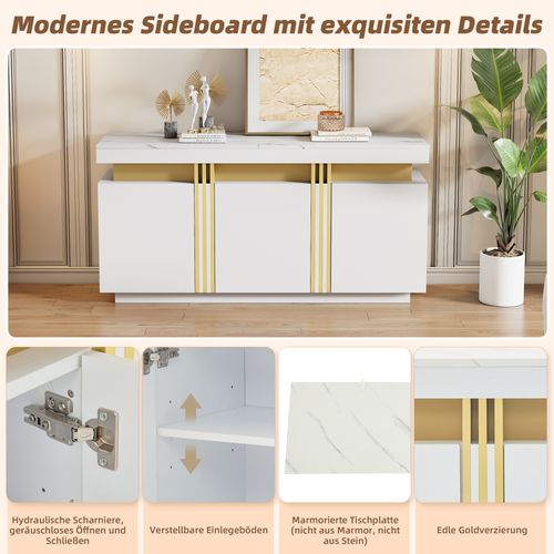 Buffet Moderne Blanc Et Or 140x38x70 Cm, 3 Portes Avec Étagères Réglables