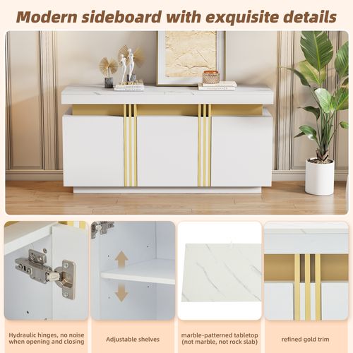Buffet Moderne Blanc Et Or 140x38x70 Cm, 3 Portes Avec Étagères Réglables