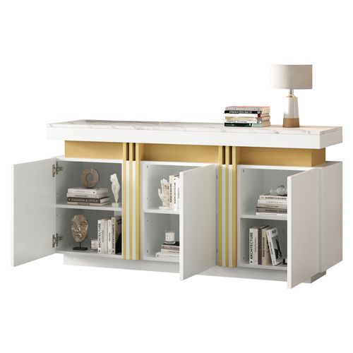 Buffet Moderne Blanc Et Or 140x38x70 Cm, 3 Portes Avec Étagères Réglables