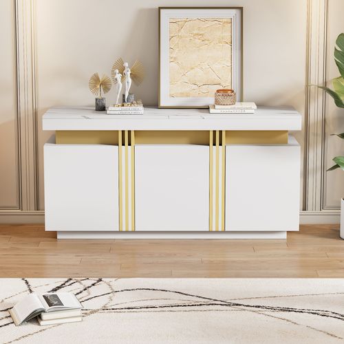 Buffet Moderne Blanc Et Or 140x38x70 Cm, 3 Portes Avec Étagères Réglables
