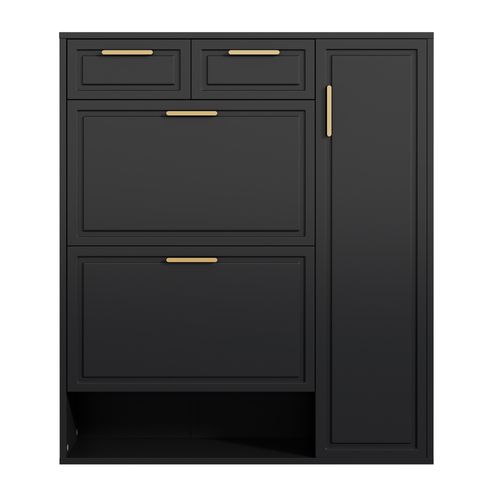 Meuble à Chaussures Noir Avec Tiroirs, Étagères Réglables Et Poignées Dorées, 95x24x107 Cm