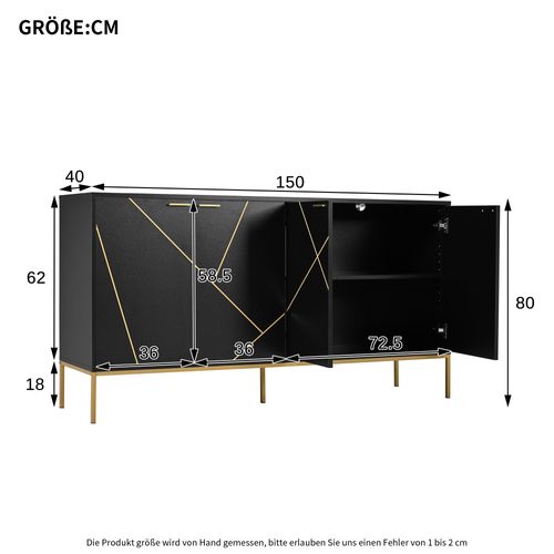 Buffet Noir Et Doré 4 Portes Avec Pieds Métal Et Décor Linéaire, 150x40x80 Cm
