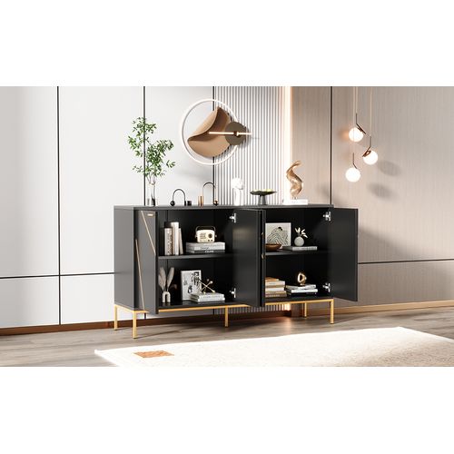 Buffet Noir Et Doré 4 Portes Avec Pieds Métal Et Décor Linéaire, 150x40x80 Cm
