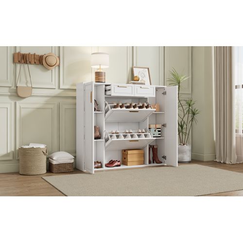 Meuble à Chaussures Blanc Avec Étagères Réglables, 2 Tiroirs Et 2 Portes, 120x107x24 Cm