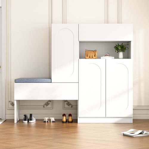 Meuble à Chaussures 2-en-1 Avec Banc, Portes Incurvées, Blanc, 130x35x110 Cm