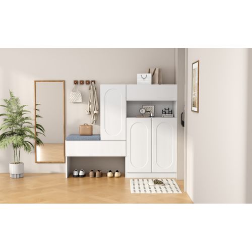 Meuble à Chaussures 2-en-1 Avec Banc, Portes Incurvées, Blanc, 130x35x110 Cm