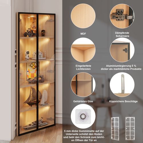 Vitrine LED En Verre 160 Cm Avec Éclairage Intégré Et Porte Vitrée, Effet Chêne
