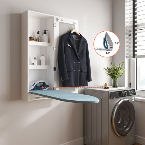 Armoire Murale Avec Planche à Repasser Intégrée Et Miroir, 2 Étagères, Blanc