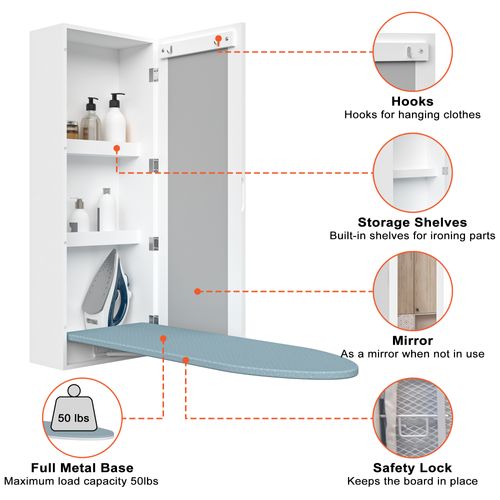 Armoire Murale Avec Planche à Repasser Intégrée Et Miroir, 2 Étagères, Blanc