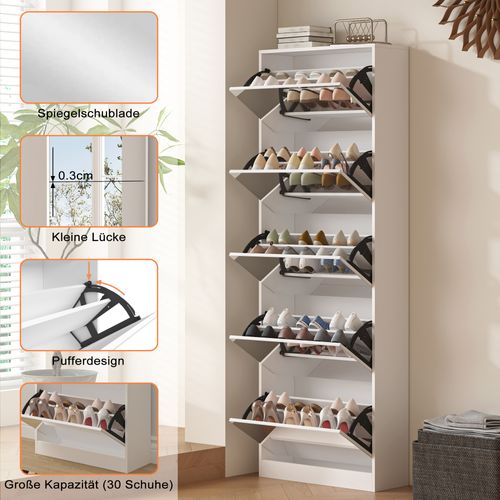 Meuble à Chaussures Miroir 5 Abattants, Rangement Double Niveau, 185 cm, Blanc