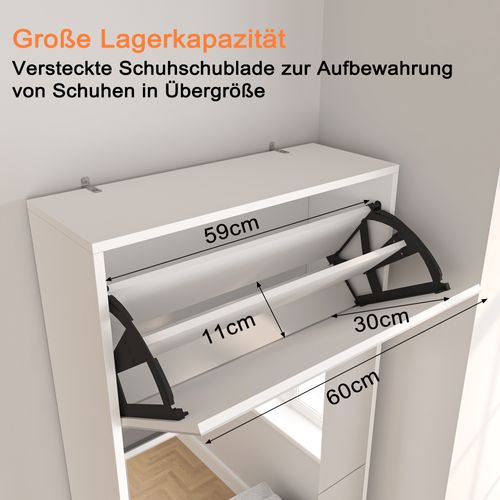 Meuble à Chaussures Miroir 5 Abattants, Rangement Double Niveau, 185 cm, Blanc