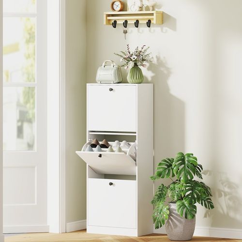 Meuble à Chaussures Blanc 3 Abattants Avec Séparateurs Réglables 47x26x120 Cm