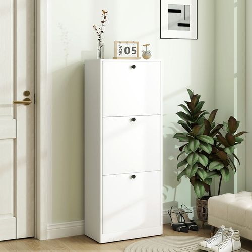 Meuble à Chaussures Blanc 3 Abattants Avec Séparateurs Réglables 47x26x120 Cm