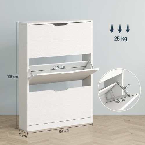 Meuble à Chaussures Blanc 3 Abattants, Étroit, Pour 9-12 Paires, 80x17x108 Cm