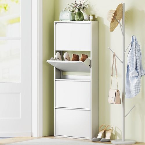 Meuble à Chaussures Mural Métal 4 Abattants, Rangement Fin Pour 8 Paires, Blanc
