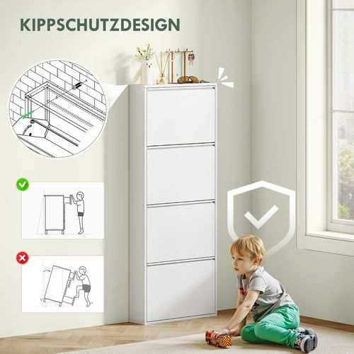 Meuble à Chaussures Mural Métal 4 Abattants, Rangement Fin Pour 8 Paires, Blanc