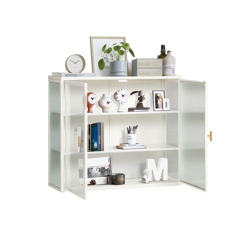 Buffet Mural 2 Portes Verre Trempé Blanc, 3 Étagères, Design Moderne, Polyvalent