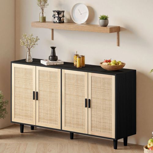 Buffet Élégant 4 Portes En Rotin Noir Avec Pieds Bois Massif, Rangement Modulable
