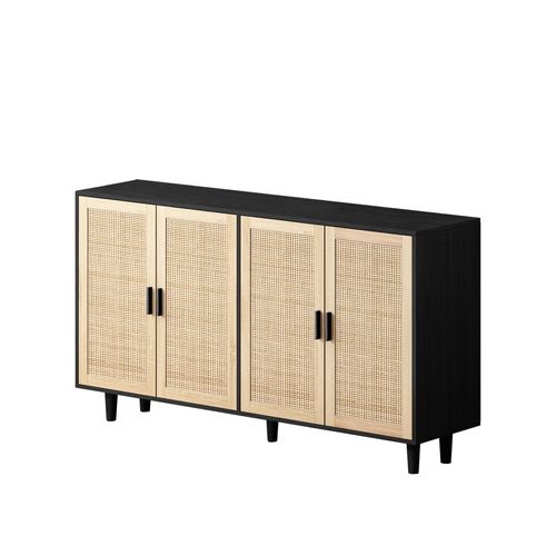 Buffet Élégant 4 Portes En Rotin Noir Avec Pieds Bois Massif, Rangement Modulable