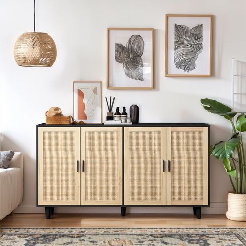 Buffet Élégant 4 Portes En Rotin Noir Avec Pieds Bois Massif, Rangement Modulable