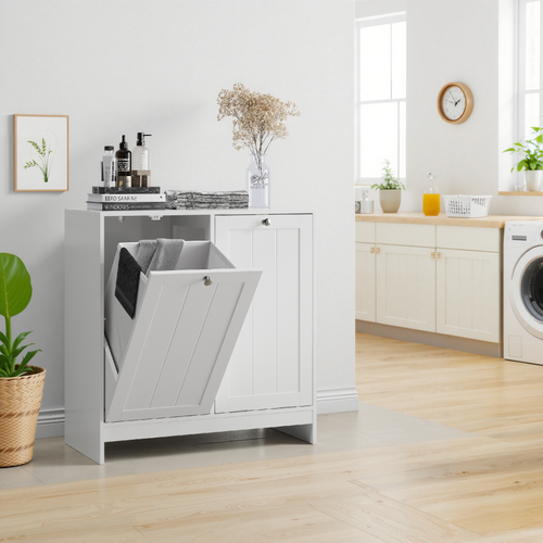 Meuble Panier à Linge Blanc Avec Bacs Amovibles, Rangement Basculant Pour Salle De Bain