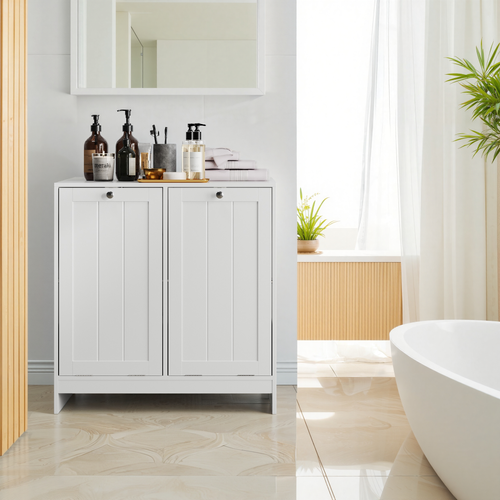 Meuble Panier à Linge Blanc Avec Bacs Amovibles, Rangement Basculant Pour Salle De Bain