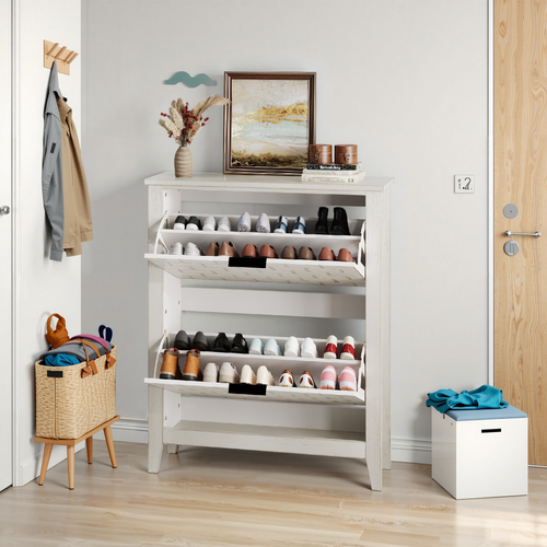 Meuble à Chaussures Vintage Blanc 80 cm Avec 2 Abattants Et Rangement Ouvert