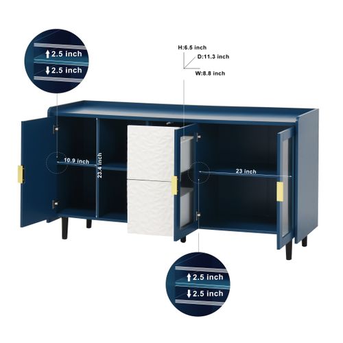 Buffet Moderne Bleu 140 Cm Avec 2 Tiroirs, 2 Portes Vitrées Et Étagères Ouvertes