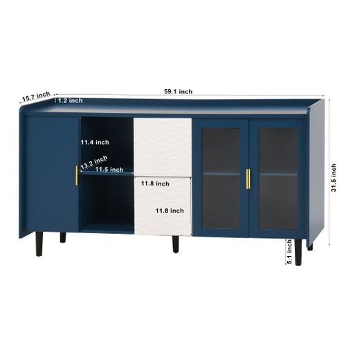 Buffet Moderne Bleu 140 Cm Avec 2 Tiroirs, 2 Portes Vitrées Et Étagères Ouvertes