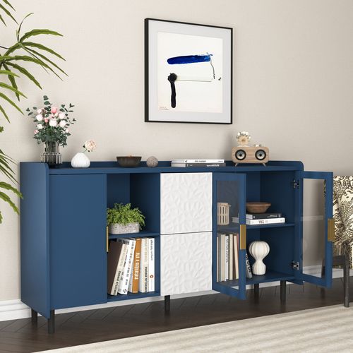 Buffet Moderne Bleu 140 Cm Avec 2 Tiroirs, 2 Portes Vitrées Et Étagères Ouvertes