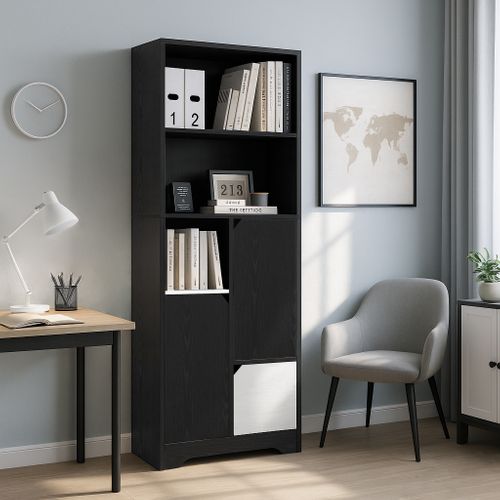 Bibliothèque De Rangement Moderne Noir Et Blanc Avec Portes Et Tiroirs 60x35x160 Cm