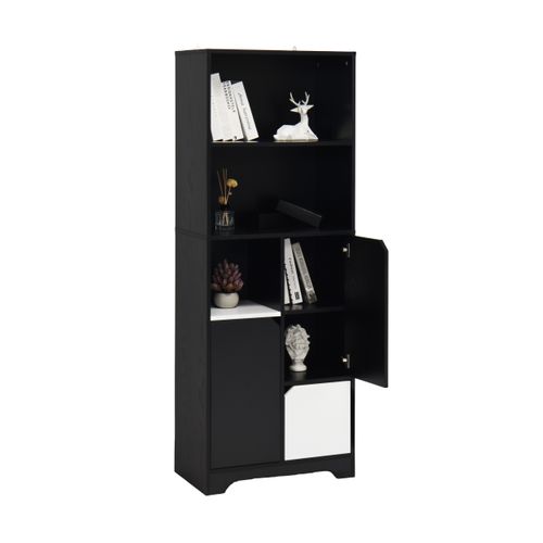 Bibliothèque De Rangement Moderne Noir Et Blanc Avec Portes Et Tiroirs 60x35x160 Cm