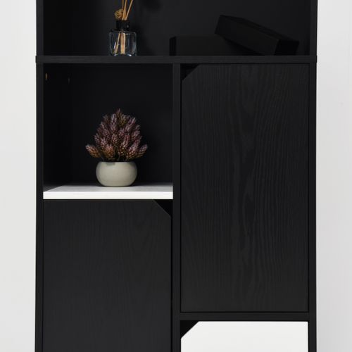 Bibliothèque De Rangement Moderne Noir Et Blanc Avec Portes Et Tiroirs 60x35x160 Cm