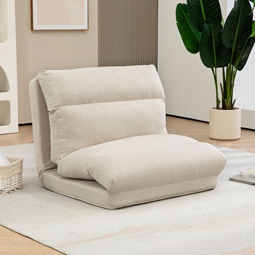 Chaise De Sol Pliable Beige Avec Dossier Réglable 6 Positions Et Matelas Intégré