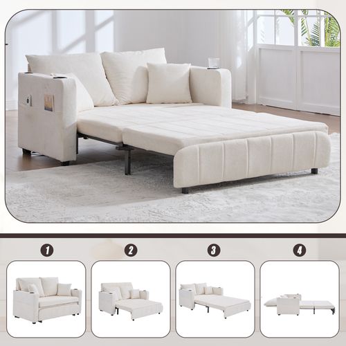 Canapé-lit Pliable En Tissu Avec USB, Coussins Et Rangement, Beige