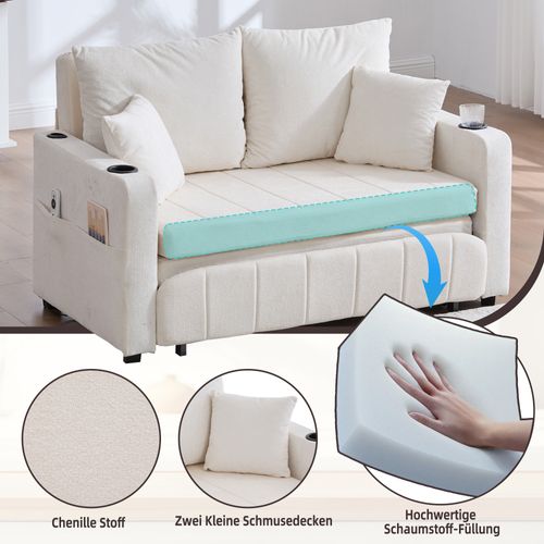 Canapé-lit Pliable En Tissu Avec USB, Coussins Et Rangement, Beige