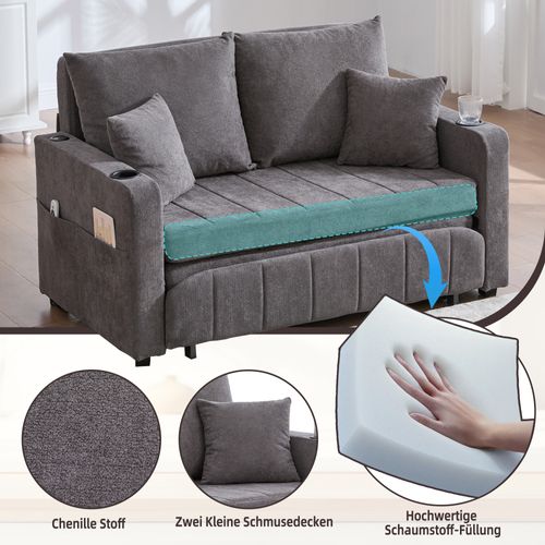 Canapé-lit Pliable En Tissu Avec USB, Coussins Et Rangement, Gris