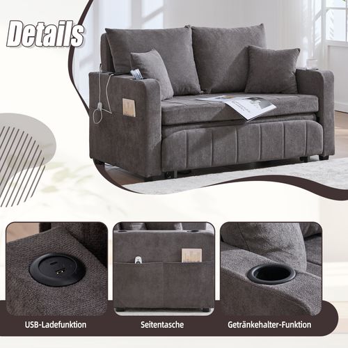 Canapé-lit Pliable En Tissu Avec USB, Coussins Et Rangement, Gris