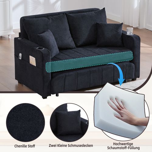 Canapé-lit Pliable En Tissu Avec USB, Coussins Et Rangement, Noir