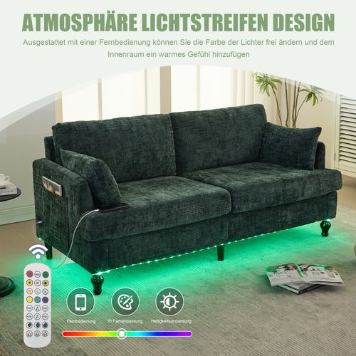 Canapé 2 Places En Chenille Avec LED, USB Et Poches Latérales, Vert