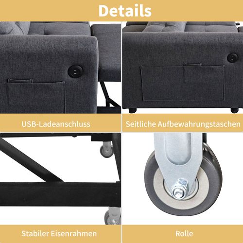 Canapé Convertible 3-en-1 Avec Dossier Réglable, USB Et Poches, Gris