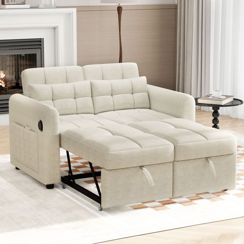 Canapé Convertible 3-en-1 Avec Dossier Réglable, USB Et Poches, Beige