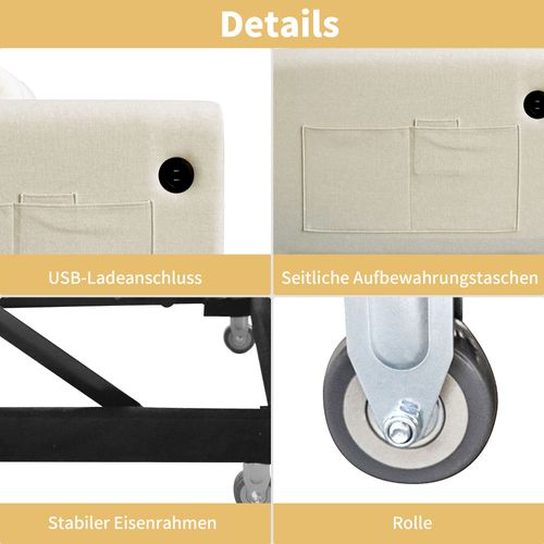 Canapé Convertible 3-en-1 Avec Dossier Réglable, USB Et Poches, Beige